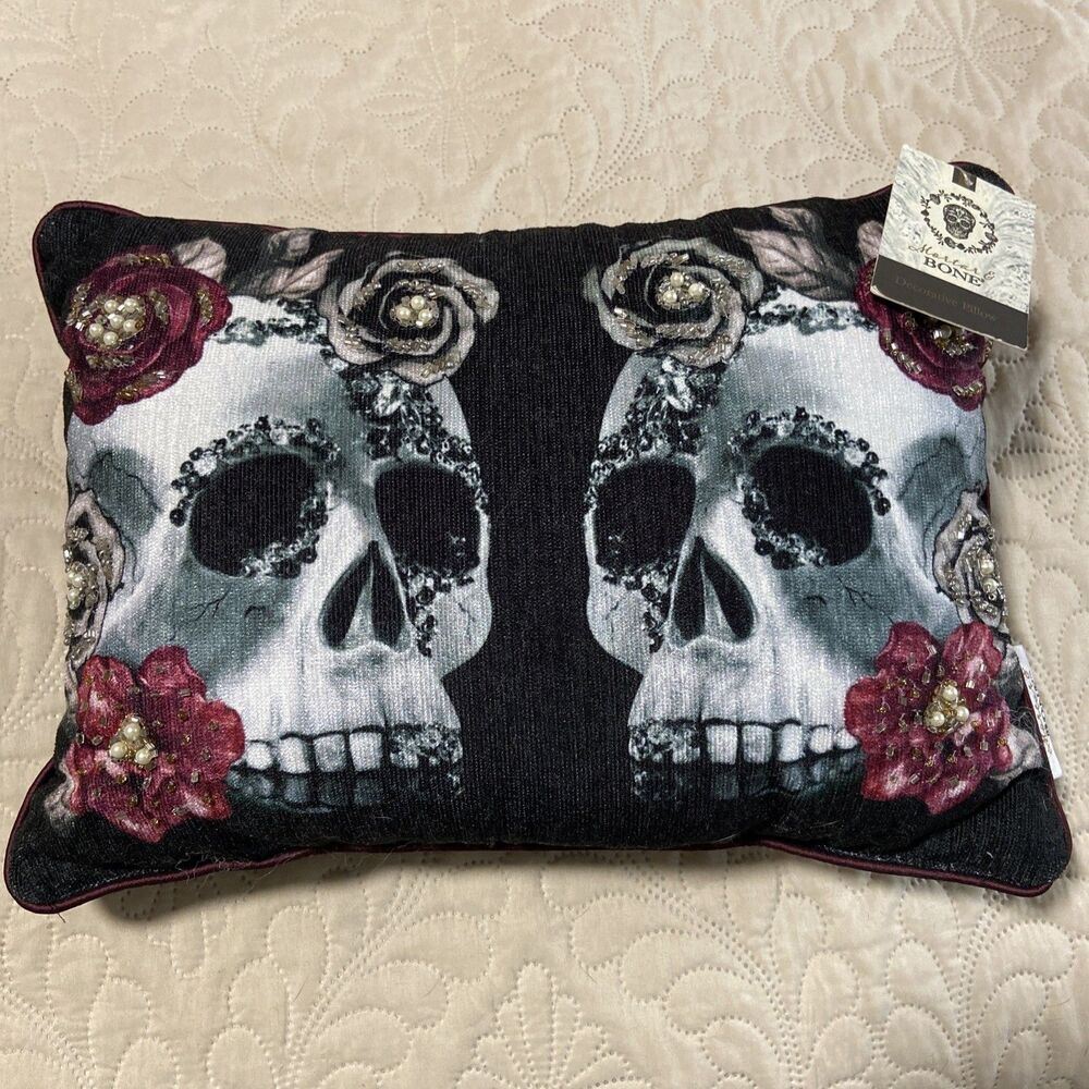 Mortar and Bone Halloween Beaded Skull and Floral Decorative Toss Pillow Black